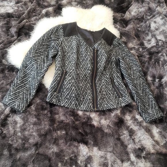 Tweed Moto Blazer with Quilted Faux Leather Detail - Sz M - Picture 10 of 12